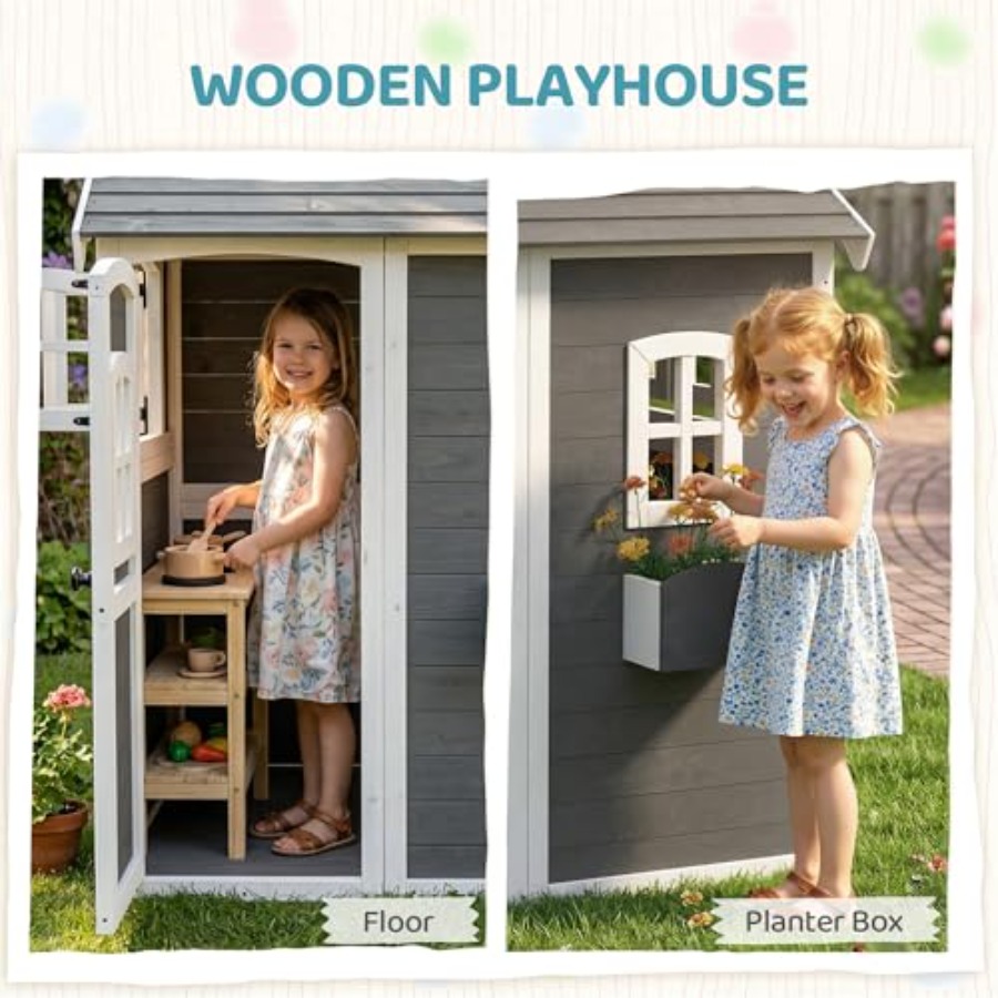 Casa de juegos de madera para  - Kids Outdoor Wooden Playhouse reseña y precio